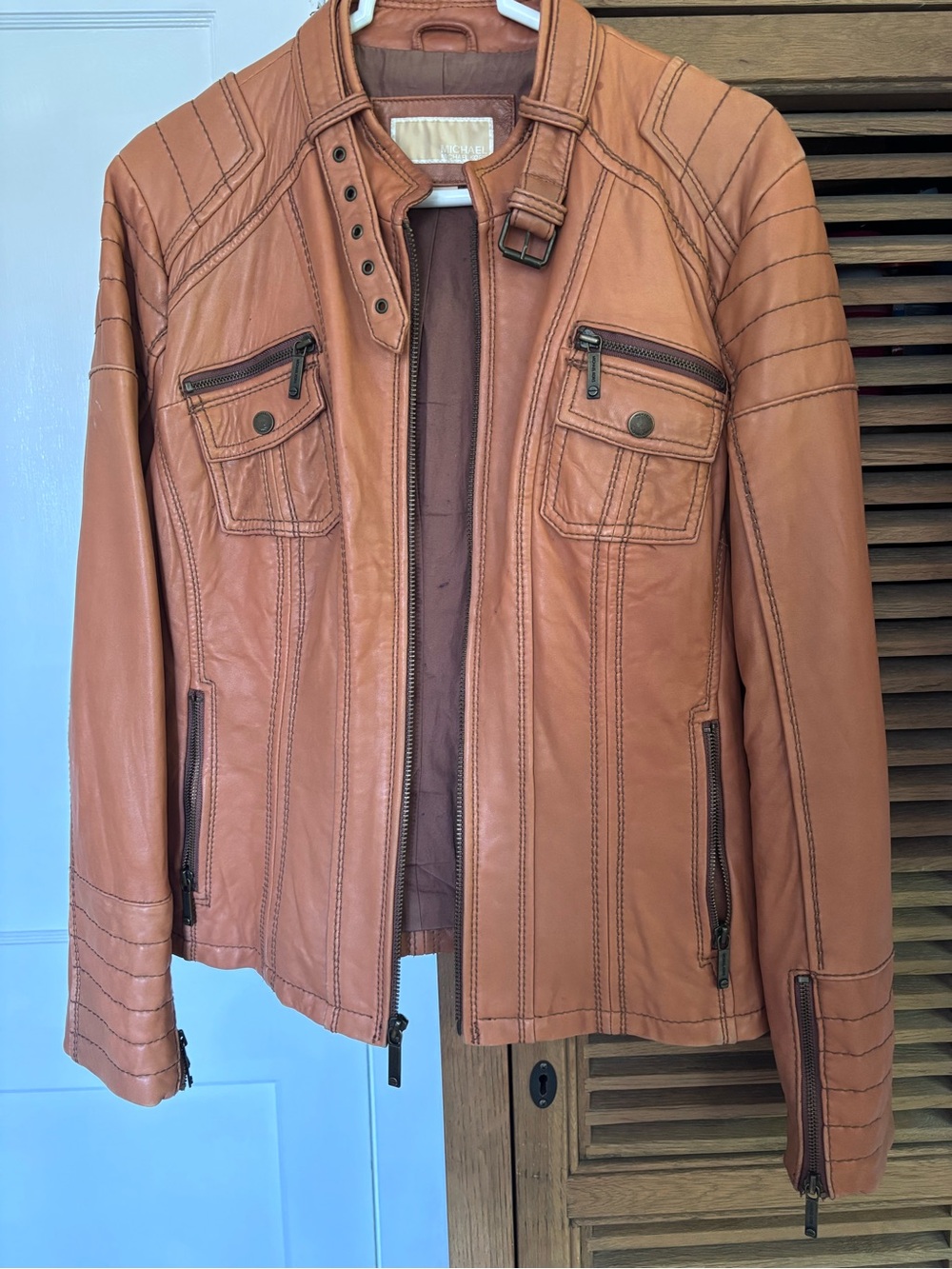 Michael Kors Tan Leather Bomber Jacket